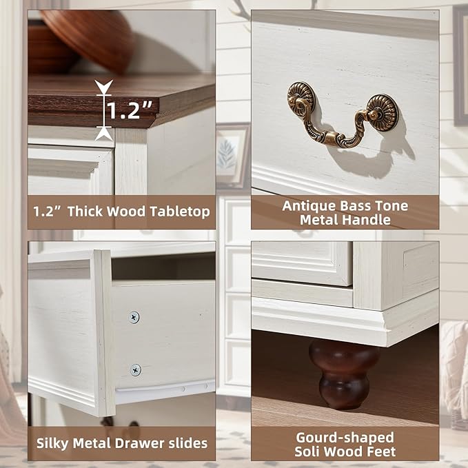 Farmhouse 5 Drawer Dresser for Bedroom, 45" Tall Rustic Chests of Drawers w/ 4 Solid Wood Feet, Mid Century Modern Wooden Closet Storage Dressers Organizer for Living Room, Hallway, White-DeskLoop Office