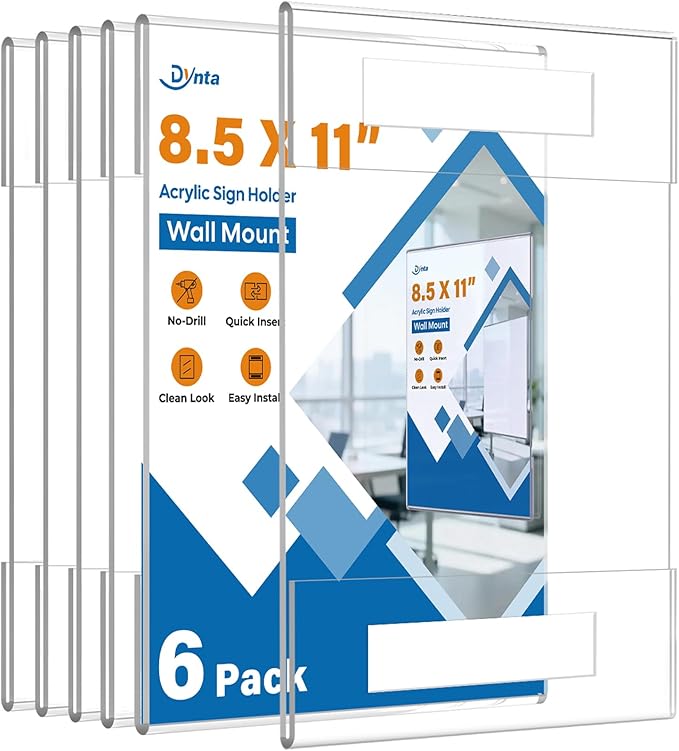 Dynta 6 Pack Acrylic Sign Holder 8.5 x 11 Wall Mount, Vertical Fly Holder by Dynta