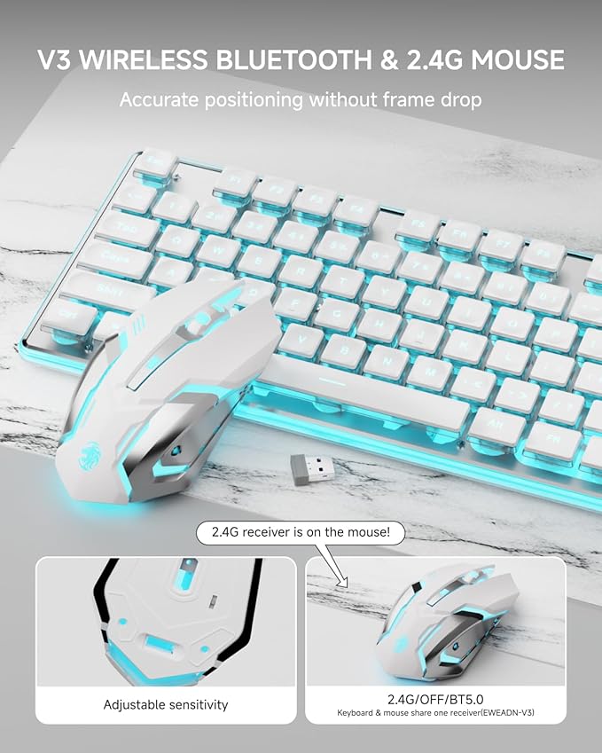 EWEADN V3 Wireless Keyboard and Mouse with Blue Backlit, Metal Panel, Bluetooth/2.4G Rechargeable Computer Keyboard and Mouse Combo Silent Lighted Full Size Cute Keyboards-White-DeskLoop Office
