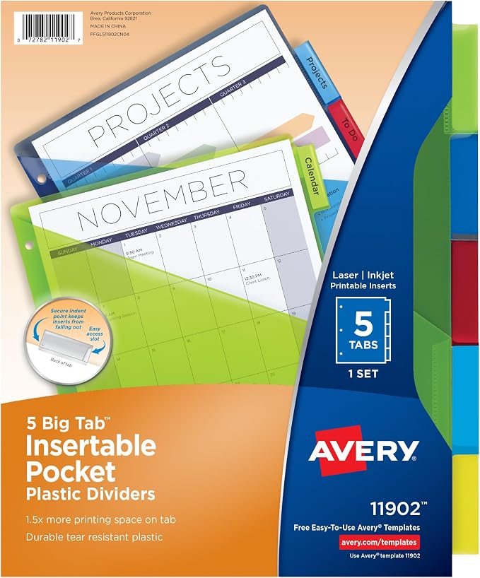 Avery Dividers for 3 Ring Binders, 5 Tab Plastic Binder Dividers, Insertable by Avery
