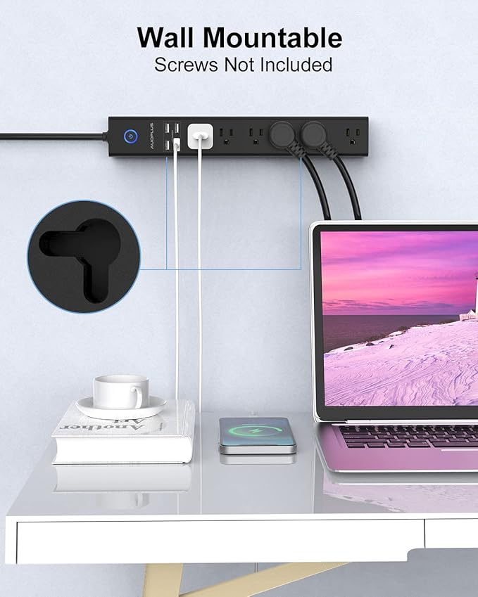 15 Ft Power Strip Surge Protector, 6 Outlets and 4 USB Ports, Flat Plug Power Strips Long Extension Cord with Overload Protection, Wall Mount for Home, Office, Dorm, ETL Listed Black-DeskLoop Office