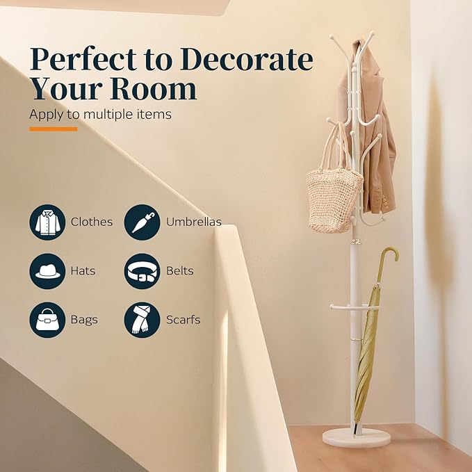 Yoobure Metal Coat Rack Freestanding with Marble Base, Coat Tree with 12 Hooks & Umbrella Holder, Coat Hanger Stand for Corner Entryway Bedroom Office, Heavy Duty Coat Rack Stand for Clothes Hats Bags-DeskLoop Office