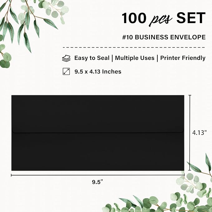 100 Pack #10 Business Envelopes, Self Seal Standard Black Envelopes - Image 2