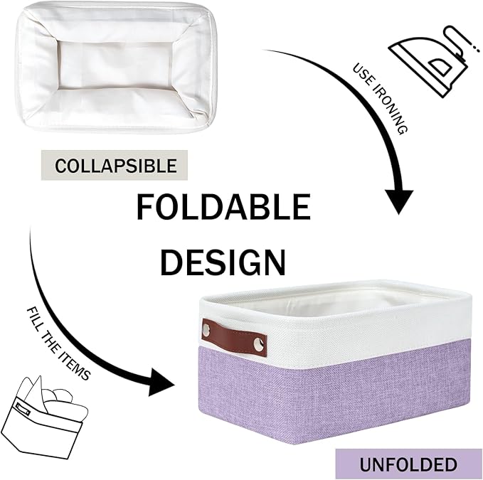 DULLEMELO Small Storage Baskets 6 Pack, Fabric Collapsible Gift Storage Baskets for Shelves, Closets, Nursery, Home, Office Organizing,Small Canvas Linen Rectangular Storage Bins (White&Purple)-DeskLoop Office