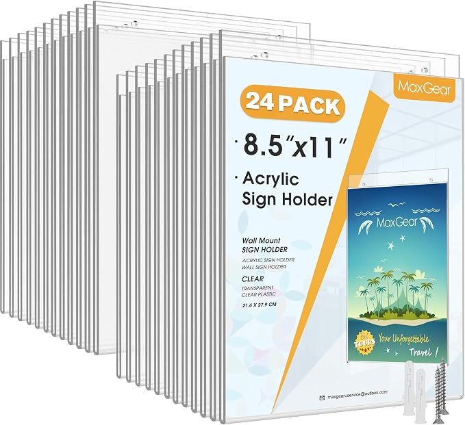 MaxGear Acrylic Wall Mount Sign Holder, 8.5 x 11 Vertical, 24 Pack | Clear by MaxGear