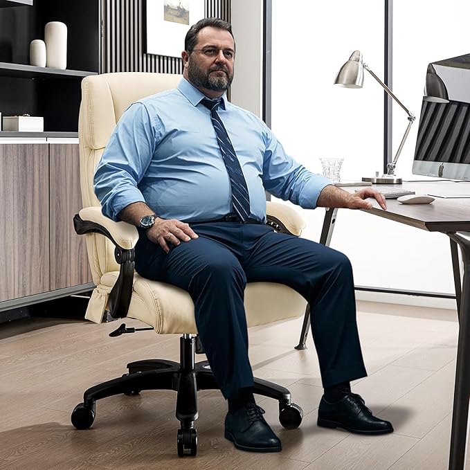 Lumbar Massage Office Chair, 500LBS Big and Tall Office Chair, Heavy Duty Ergonomic Executive Reclining Chair with High Back and Lumbar Support, Beige-DeskLoop Office