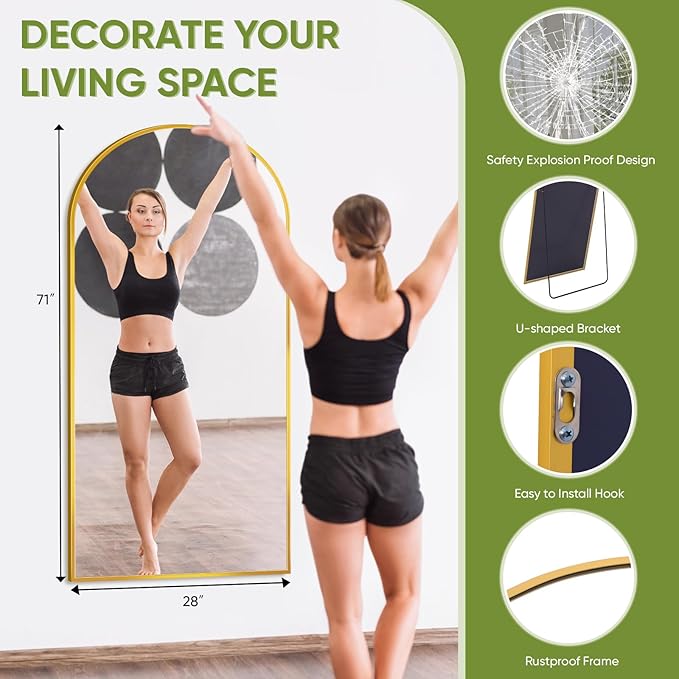 Full-Length Floor Mirror with Stand, 71"x28" Arched Style Full Body Standing Mirror for Bedroom, Living Room, Gym, Dorm - Shatter-Resistant & Easy Assembly, Gold-DeskLoop Office