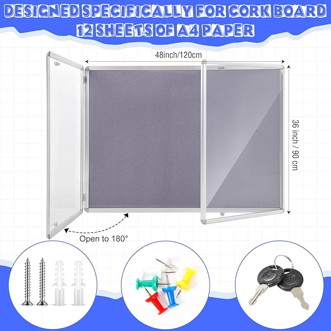 2 Pack Enclosed Bulletin Board 48"x36" Weather Resistant Lockable Enclosed Notice Cork Case Display Board Wall Mounted 2 Locking Door Aluminum Frame for Back to School Classroom, 12xA4(Gray)-DeskLoop Office
