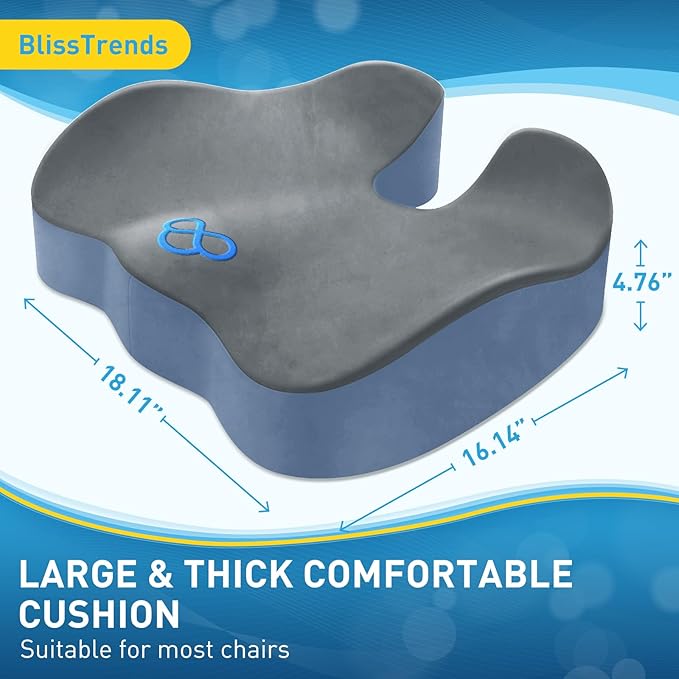 BlissTrends Seat Cushion,Thick Memory Foam Cushions for Office Chair, Car Seat, Airplane, Relieving Pressure Tailbone Sciatica Back Pain for Office Workers, Car Drivers 4.7in Thick Dark Grey&Blue-DeskLoop Office