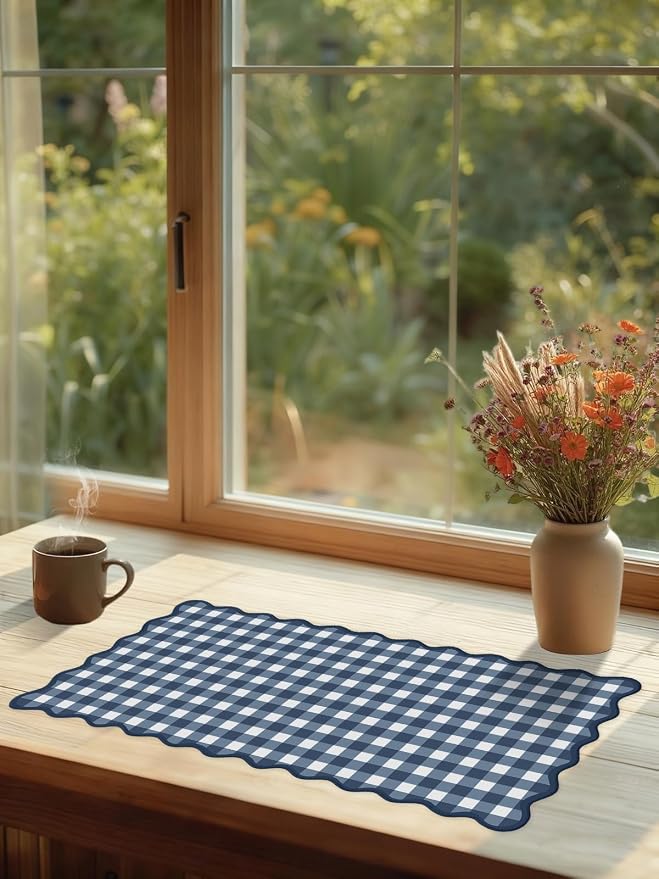 Scalloped‌ Checkered Desk Mat Cute Dark Blue XXL Large Gaming Mouse Pad Gingham - Image 7