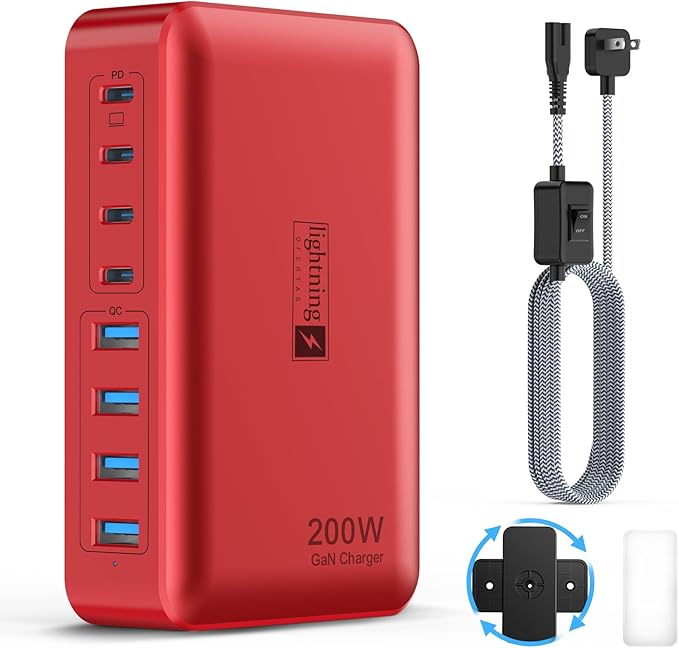8-Port USB Charger Block 200W with Flat Plug, Braided Power Cord, and On/Off Switch- USB Charging Hub for iPhone, iPad, MacBook and More- 65W C Port Power Adapter for Laptops-DeskLoop Office