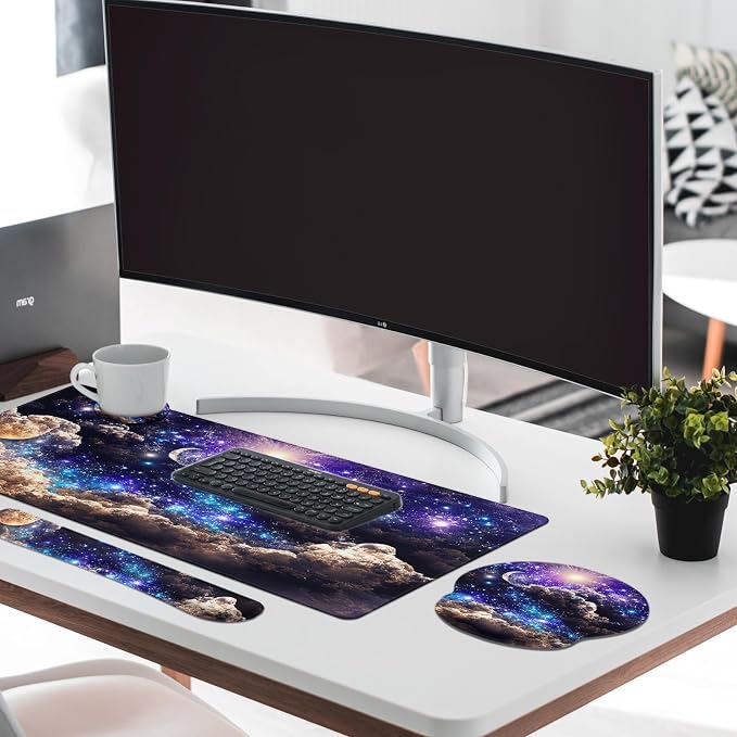 Britimes Moon Space Night Keyboard Mouse Pad Set Blue Cute Cloud 4in1 Large - Image 3