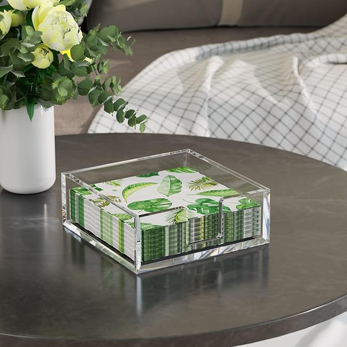 HIIMIEI Acrylic Napkin Holder for Table: Square Cocktail Napkin Dispenser, Flat Guest Towel Holder Tray, Disposable Hand Towel for Bathroom, Kitchen, Bar, Dinner, Party（Clear）-DeskLoop Office