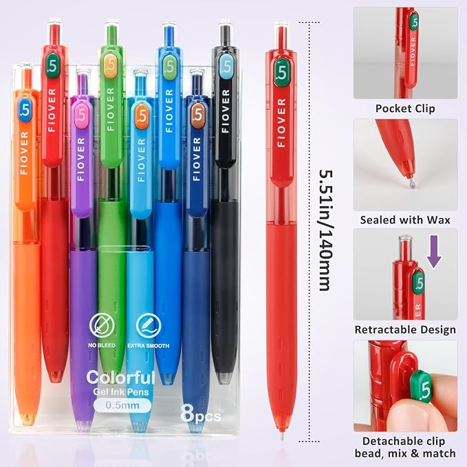 FIOVER Colored Gel Pens, 8 Pack, 0.5mm Fine Point | Quick Dry, Smooth Writing - Image 6