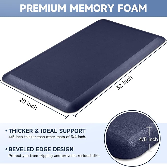 4/5 Inch Thick Kitchen Mats for Floor, StepRite Kitchen Rug for Standing Desk, Non-Slip, Thicker, Stain Resistant, Waterproof, Comfort Anti Fatigue Floor Mat for Home, Kitchen, Office - Blue,32*20''-DeskLoop Office
