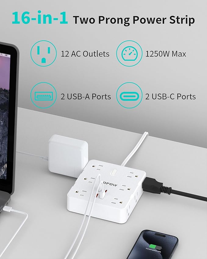 2 Prong Power Strip, 2 Prong to 3 Prong Outlet Adapter with 12 AC & 4 USB(2 USB-C), 1700J Two Prong Surge Protector, 5FT Extension Cord, Wall Mountable, Ideal for Old House Non-Grounded Outlets-DeskLoop Office