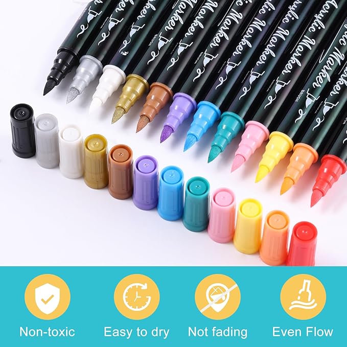12 Colors Acrylic Paint Markers, Waterproof Dual Tip Acrylic Paint Pens with Brush and Fine Tip, Markers Set for Paper, Rock, Wood, Canvas, Glass, Ceramic and DIY Crafts Making Art Supplies-DeskLoop Office