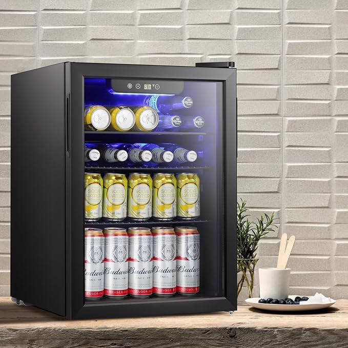 Antarctic Star Beverage Refrigerator Cooler-85 Can Mini Fridge Glass Door for Soda Beer Wine Stainless Steel Glass Door Small Drink Dispenser Digital Display for Home, Office Bar,2.4cu.ft-DeskLoop Office
