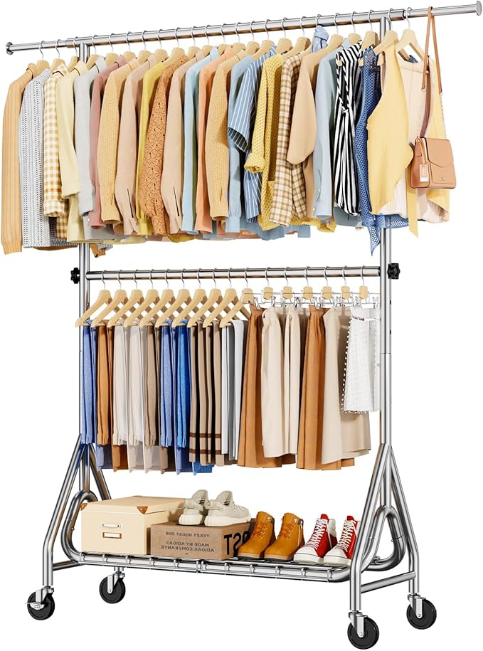 Double Rods Clothing Rack, Heavy Duty Clothes Rack for Hanging Clothes Load 560LBS, Metal Rolling Garment Racks with Wheels, Freestanding Clothes Hanging Racks, Silver-DeskLoop Office
