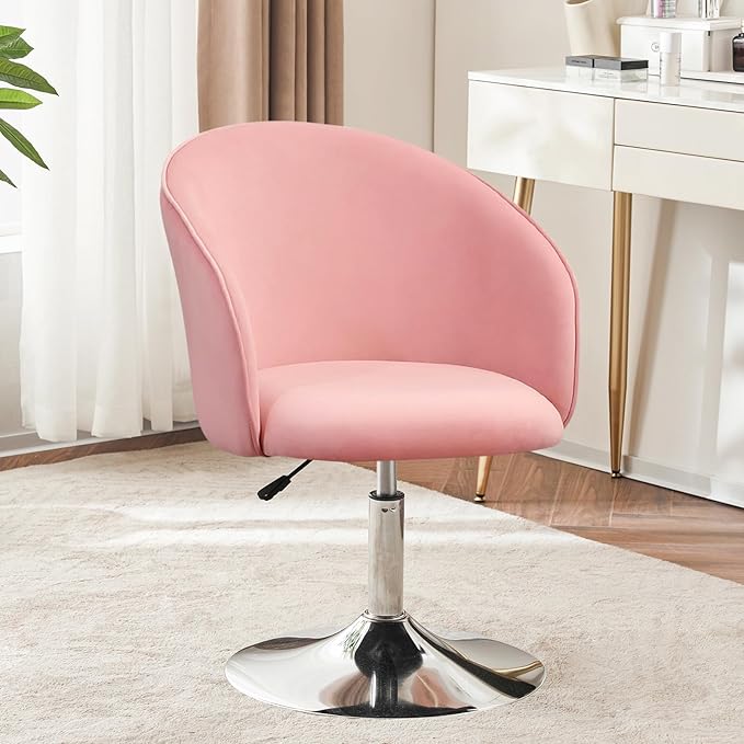 Furnimart Velvet Vanity Chair with Chrome Frame, Height Adjustable & Swivel, Pink - Living Room, Bedroom, Office-DeskLoop Office