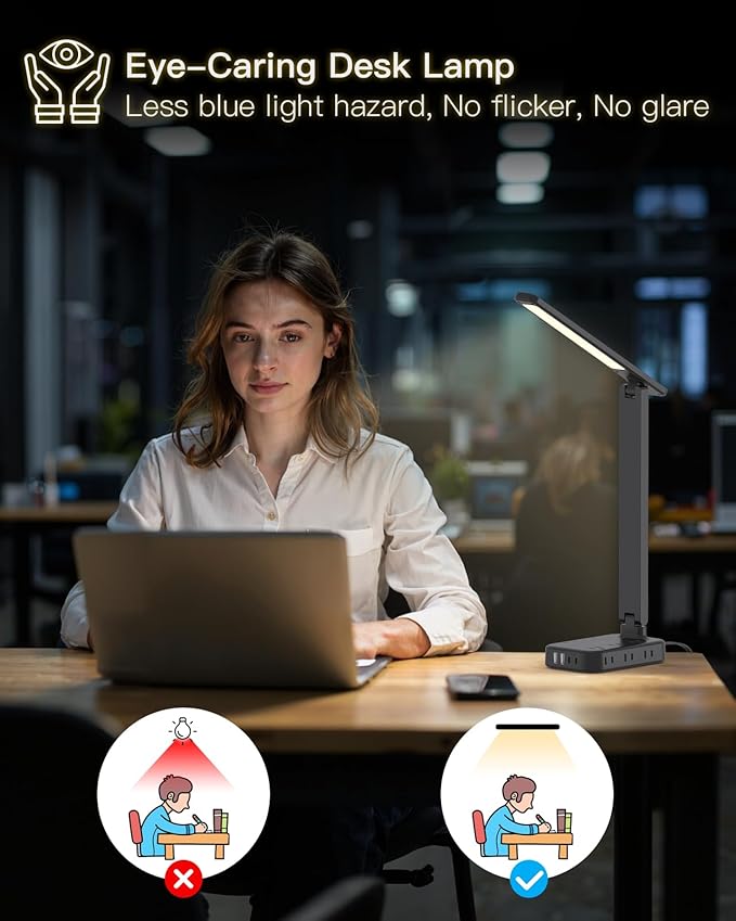 One Beat Desk Lamp with 6 Outlets 4 USB Ports(2×USB-C),Eye Protection Table Lamp Power Strip with 4 Color Modes 5 Brightness Touch LED Desk Lamps for Home Office College Dorm Room Essentials(Black)-DeskLoop Office