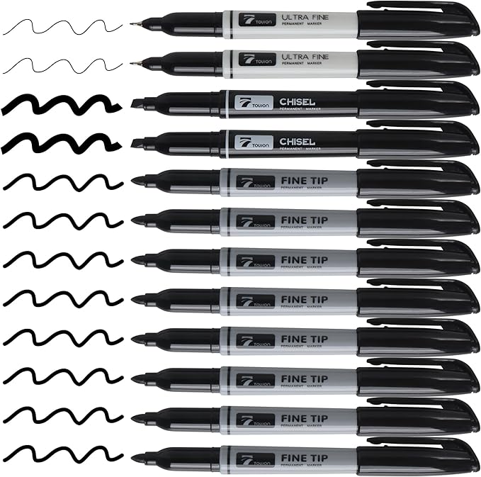 12 Black Permanent Markers with Bag - Waterproof Quick Drying Pens Set 8 Fine Tip, 2 Ultra Fine, 2 Chisel Tip Office Home School Supplies for Adults Writing Doodling Marking-DeskLoop Office