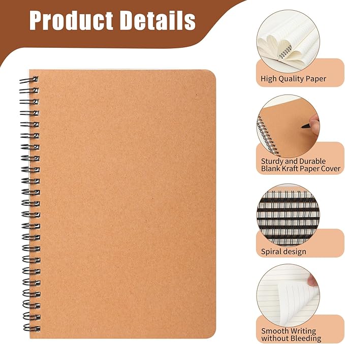 miikoul 100 Packs A5 Spiral Lined Notebooks, Kraft Paper Cover, 8.3"×5.5", 60 Sheets/120 Pages, Ruled Notebooks Bulk, Hardcover Journal Notepad Travel Notebooks for Office and Back to School Supplies-DeskLoop Office