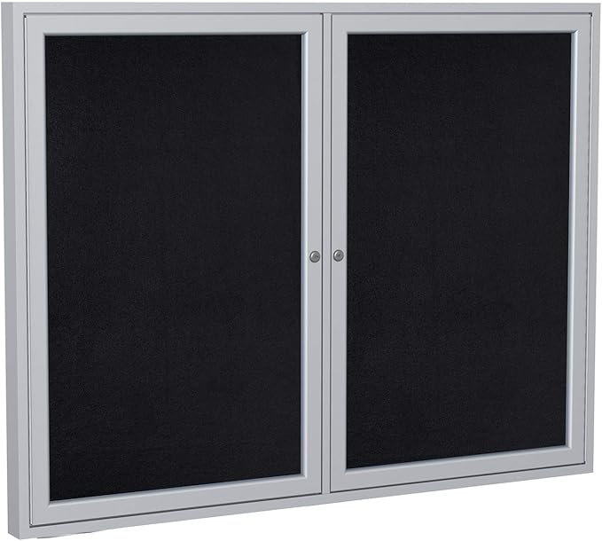 Ghent 36" x 48" 2-Door indoor Enclosed Recycled Rubber Bulletin Board, Shatter Resistant, with Lock, Satin Aluminum Frame,Black (PA234TR-BK) ,Made in the USA-DeskLoop Office