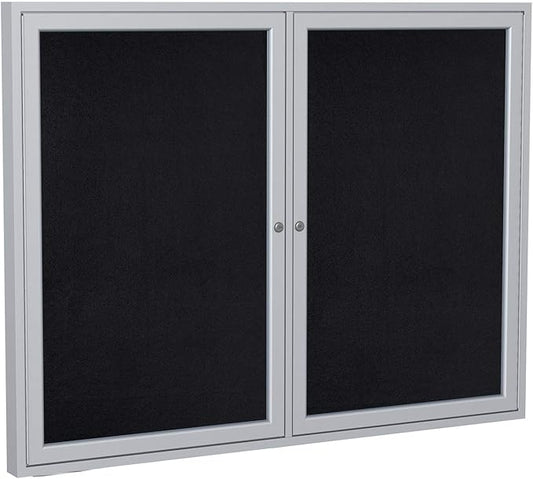 Ghent 36" x 48" 2-Door indoor Enclosed Recycled Rubber Bulletin Board, Shatter Resistant, with Lock, Satin Aluminum Frame,Black (PA234TR-BK) ,Made in the USA-DeskLoop Office