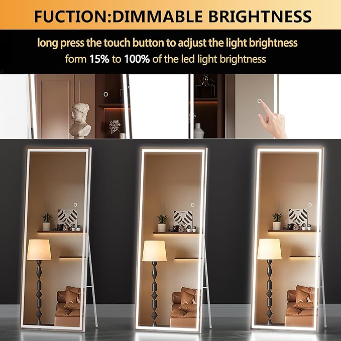 Hasipu Full Length LED Mirror with Lights, 56" x 18" Floor Standing or Wall Hanging Mounted, Full Body Dressing Mirror, Dimmable Tempered Glass, Square White-DeskLoop Office