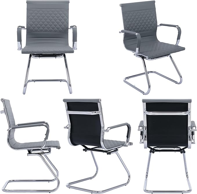 Office Guest Reception Chairs Set of 4 - Modern PU Leather Mid Back Conference Room Chairs for Waiting Room, Desk - Grey-DeskLoop Office