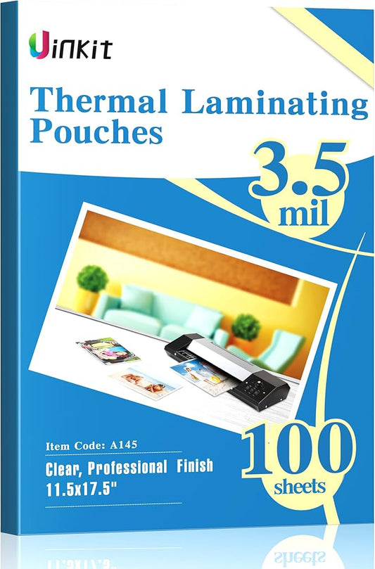 Uinkit 3.5 Mil 100 Pack Clear Thermal Laminating Pouches, 11.5 x 17.5-Inch Lamination Pouches Paper, Fits 11 x 17 Inch Laminator Sheet, Rounded Corner-DeskLoop Office
