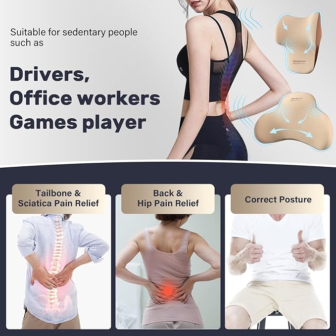 Coverado Lumbar Support and Car Neck Pillow, Ergonomic Memory Foam Desk Chair Cushion and Headrest Pillow for Car Office Chair, Sciatica & Neck & Tailbone Pain Relief Cushion-Beige-DeskLoop Office