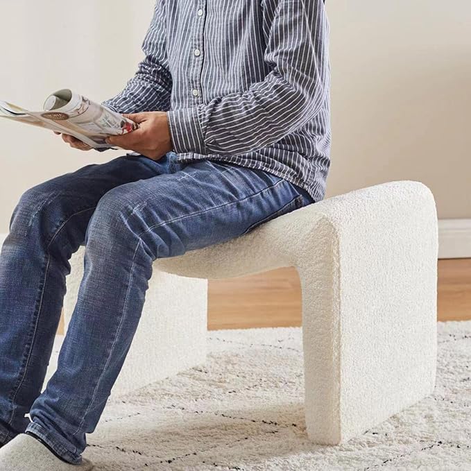 Modern Boucle Ottoman, Vanity Stool Chair, Foot Stool with Wooden Legs Sofa Bench Footstool Extra Seat for Vanity, Makeup Room, Living Room, Entryway, Set 2, White-DeskLoop Office