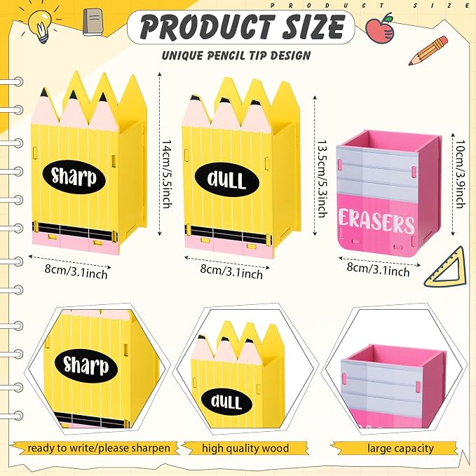 DoubleFill 3 Pcs Sharp and Dull Pencil Holder Eraser Buckets Wooden Shaped - Image 2