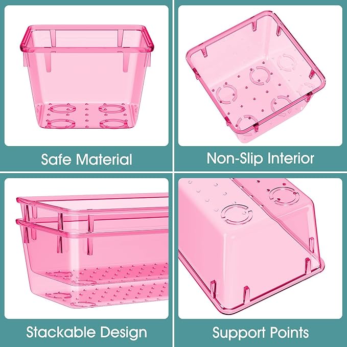 WOWBOX 25 PCS Plastic Drawer Organizer Set, 4 Sizes Desk Drawer Divider Organizers and Storage Bins for Makeup, Jewelry, Gadgets for Kitchen, Bedroom, Bathroom, Office, Clear Pink-DeskLoop Office