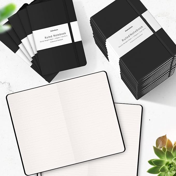 Huhuhero Lined Journal Notebook, 20 Pack Hardcover College Ruled Notebooks for Work School Note Taking, 120 Gsm Thick Paper Journals for Writing, Office School Supplies, 5"×8.25", Black-DeskLoop Office