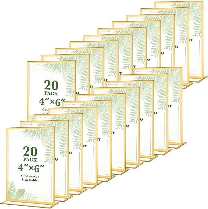 20 Pack Gold Acrylic Sign Holders 4x6 Inch, Double Sided Vertical Stand Clear by ALFFUN