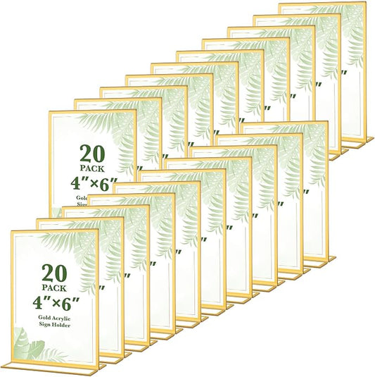 20 Pack Gold Acrylic Sign Holders 4x6 Inch, Double Sided Vertical Stand Clear by ALFFUN