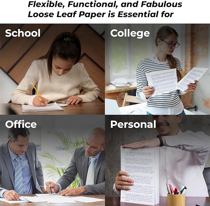 6 Pack Loose Leaf Paper, 900 Sheets, College Ruled, 8" x 10.5", 56 gsm Bulk Office Filler Paper, 150 Sheets/Pack, 3 Hole Punched, College Ruled Paper for 3 Ring Binder, Notebook Paper, White-DeskLoop Office