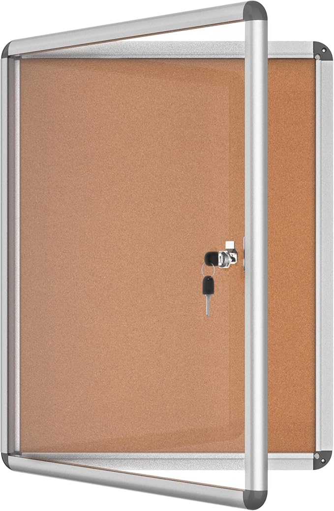 26"x20" Enclosed Bulletin Board, Lockable Weather-Resistant Aluminum Cork Noticeboard for School & Office, Silver Frame w/Cork-DeskLoop Office