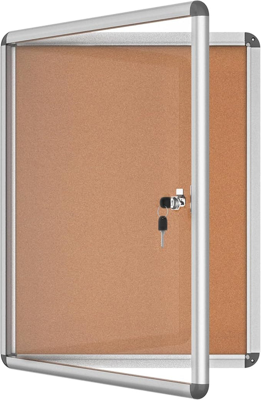 26"x20" Enclosed Bulletin Board, Lockable Weather-Resistant Aluminum Cork Noticeboard for School & Office, Silver Frame w/Cork-DeskLoop Office
