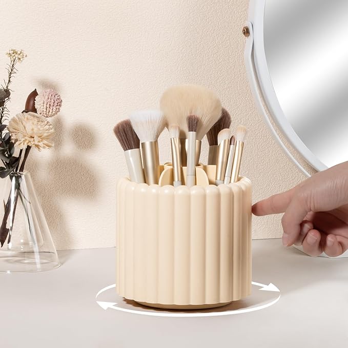 Anyoifax 360 Rotating Makeup Brush Holder 7 Slots Make Up Brush Organizer Removable Spinning Cosmetic Brushes Storage Pen Holder for Vanity, Dresser, Desk, Beige-DeskLoop Office
