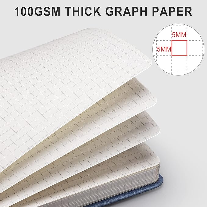 AHGXG Graph Paper Notebook - 320 Pages Grid Notebook Thick Journal A5, 100gsm Thick Graph Paper, Leather Hardcover, Inner Pocket,5.75'' × 8.38''- GrayBlue-DeskLoop Office