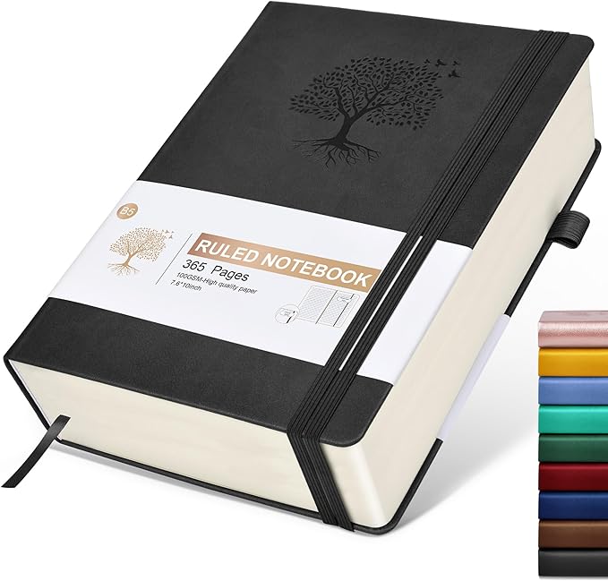 Lined Journal, 365 Pages B5 Large Hardcover Leather Notebook for Women Men, Daily Writing for Work, Note Taking, 100Gsm Thick Paper (7.6'' X 10'' Black)-DeskLoop Office