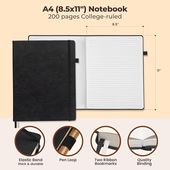 Classic Lined Journal Notebook 8.5x11" A4 Hardcover Leather - Black - 200 Pages College Ruled Large with Sticky Tabs, Pockets, and Pen Loop for Writing and Journaling - Big Hardback Men and Women-DeskLoop Office