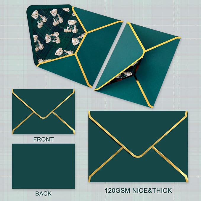 Whaline 50 Pcs Tartan Bear Envelopes Green Blue Plaids Bear Rocking Horse - Image 3