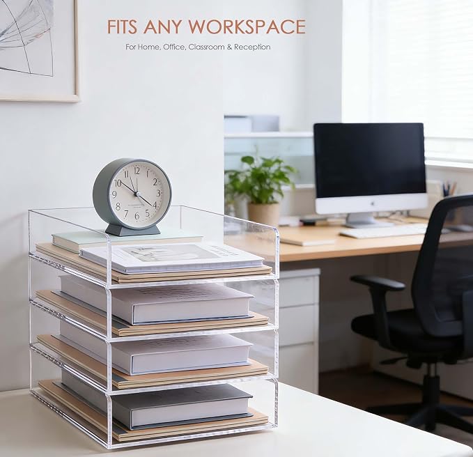SANRUI 4 Tier Stackable Acrylic Letter Tray, 5mm Thick Clear Desk File Organizer - Image 5