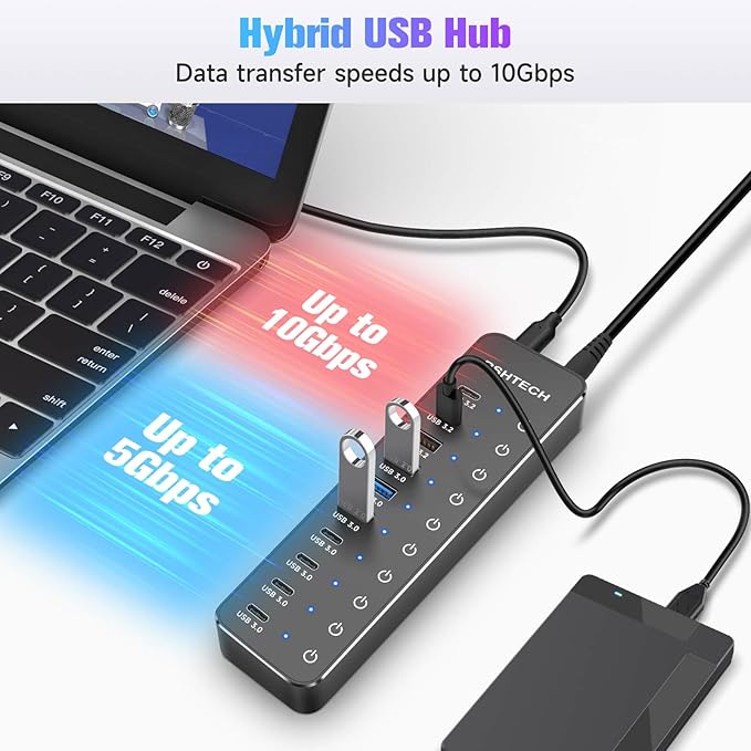 RSHTECH 10 Ports Powered USB 3.2/USB C Hub Splitter 60W with 3 x 10Gbps USB 3.2 Ports (2C + 1A),7 x USB 3.0 Ports (4C +3A), 3.3ft Cable and Individual Touch Switches for Laptop PC-DeskLoop Office