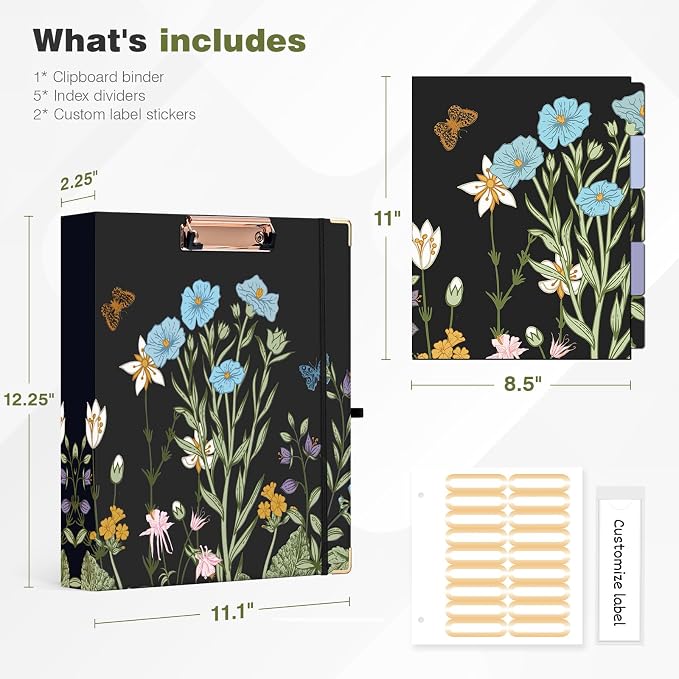 Ospelelf 3 Ring Binder 1.5 Inch, Floral Round Ring Clipboard Binder - Image 3